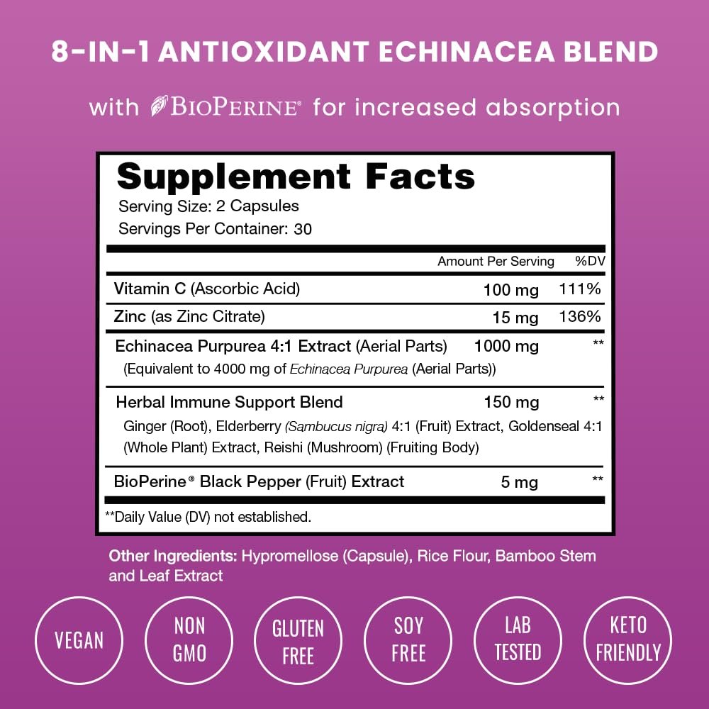 NutraChamps Echinacea Kapseln 1000mg – 8-in-1 Immunsystem Unterstützung – mit Goldenseal, Vitamin C, Zink, Ingwer, Holunder – 60 Kapseln