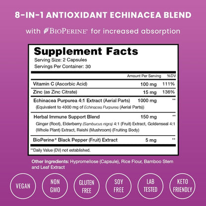 NutraChamps Echinacea Kapseln 1000mg – 8-in-1 Immunsystem Unterstützung – mit Goldenseal, Vitamin C, Zink, Ingwer, Holunder – 60 Kapseln