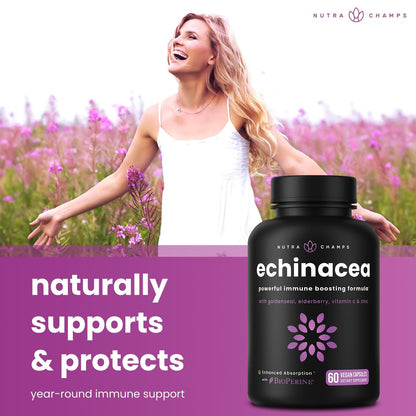 NutraChamps Echinacea Kapseln 1000mg – 8-in-1 Immunsystem Unterstützung – mit Goldenseal, Vitamin C, Zink, Ingwer, Holunder – 60 Kapseln