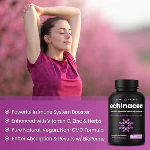 NutraChamps Echinacea Kapseln 1000mg – 8-in-1 Immunsystem Unterstützung – mit Goldenseal, Vitamin C, Zink, Ingwer, Holunder – 60 Kapseln