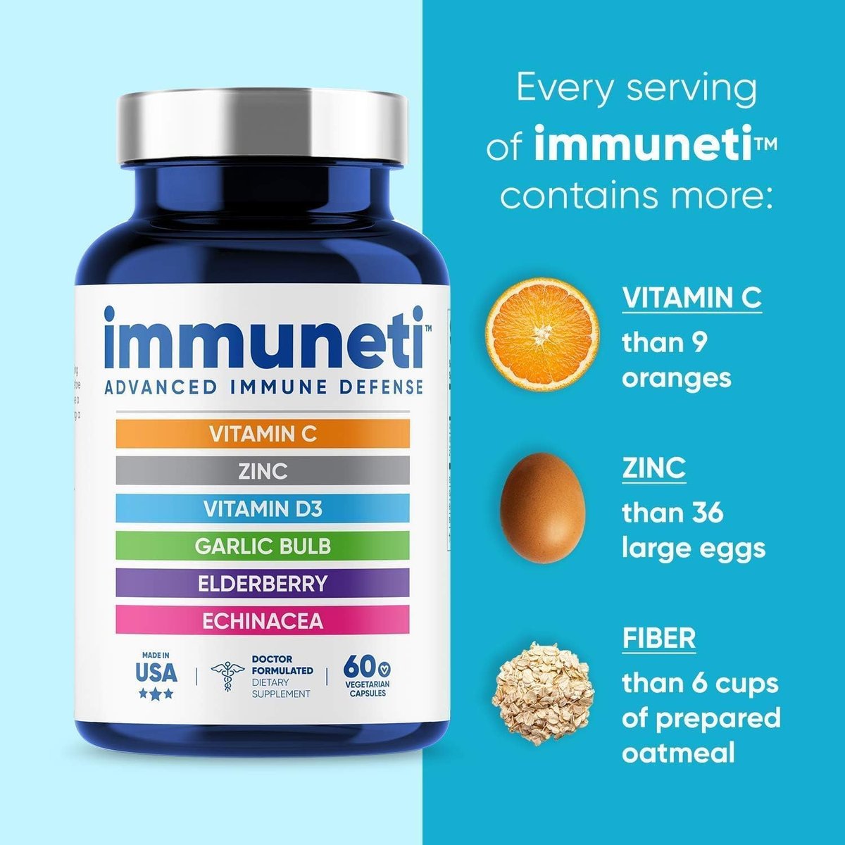 Immuneti Advanced Immune Support – Ärztlich formuliertes 6-in-1 tägliches Immunitätsergänzungsmittel – Hergestellt in den USA – Mit Vitamin C, D3, Zink, Holunderbeere, Knoblauch & Echinacea – Vitalstoffe & Antioxidantien (1)