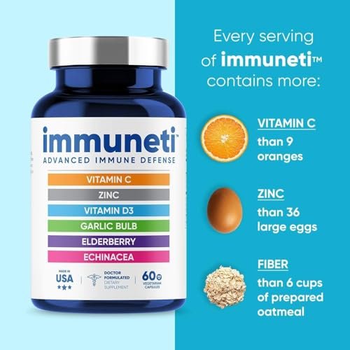 Immuneti Advanced Immune Support – Ärztlich formuliertes 6-in-1 tägliches Immunitätsergänzungsmittel – Hergestellt in den USA – Mit Vitamin C, D3, Zink, Holunderbeere, Knoblauch & Echinacea – Vitalstoffe & Antioxidantien (1)