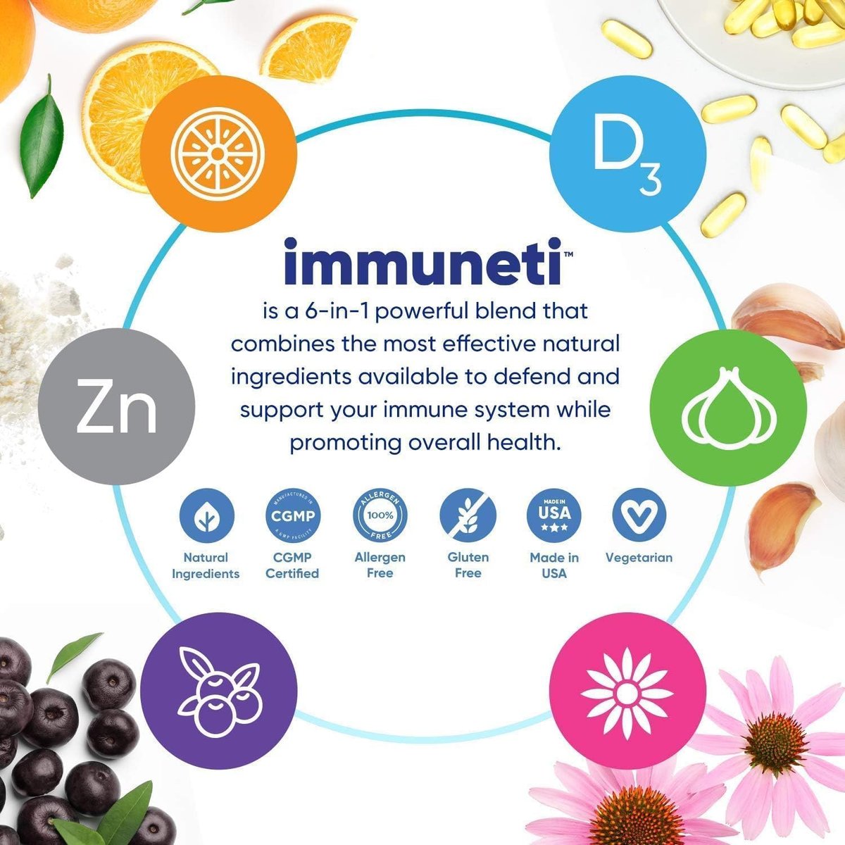 Immuneti Advanced Immune Support – Ärztlich formuliertes 6-in-1 tägliches Immunitätsergänzungsmittel – Hergestellt in den USA – Mit Vitamin C, D3, Zink, Holunderbeere, Knoblauch & Echinacea – Vitalstoffe & Antioxidantien (1)