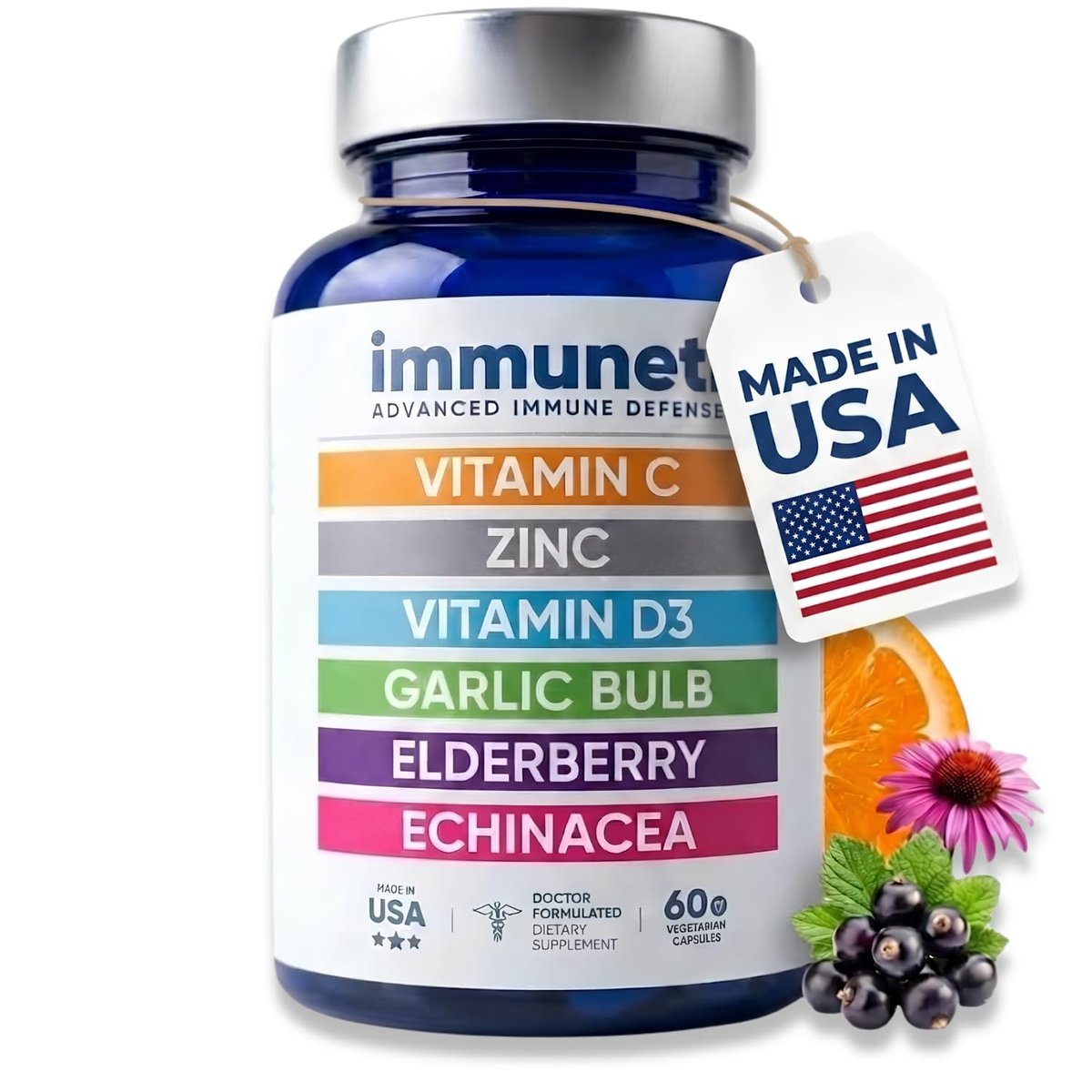 Immuneti Advanced Immune Support – Ärztlich formuliertes 6-in-1 tägliches Immunitätsergänzungsmittel – Hergestellt in den USA – Mit Vitamin C, D3, Zink, Holunderbeere, Knoblauch & Echinacea – Vitalstoffe & Antioxidantien (1)