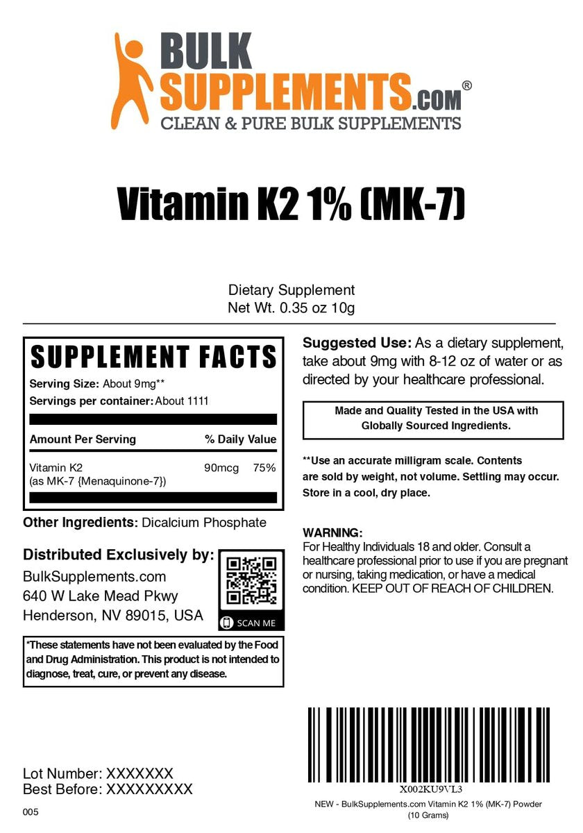 BulkSupplements.com Vitamin K2 Pulver - Vitamin K2 MK-7, als Menaquinon Pulver - K2 Vitamin Ergänzung für Wohlbefinden, Glutenfrei, 9 mg pro Portion, 10 g (0,35 Unzen) (1er Pack)