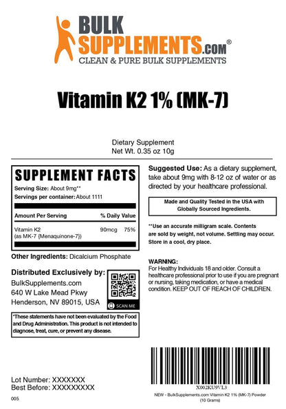BulkSupplements.com Vitamin K2 Pulver - Vitamin K2 MK-7, als Menaquinon Pulver - K2 Vitamin Ergänzung für Wohlbefinden, Glutenfrei, 9 mg pro Portion, 10 g (0,35 Unzen) (1er Pack)