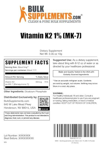 BulkSupplements.com Vitamin K2 Pulver - Vitamin K2 MK-7, als Menaquinon Pulver - K2 Vitamin Ergänzung für Wohlbefinden, Glutenfrei, 9 mg pro Portion, 10 g (0,35 Unzen) (1er Pack)