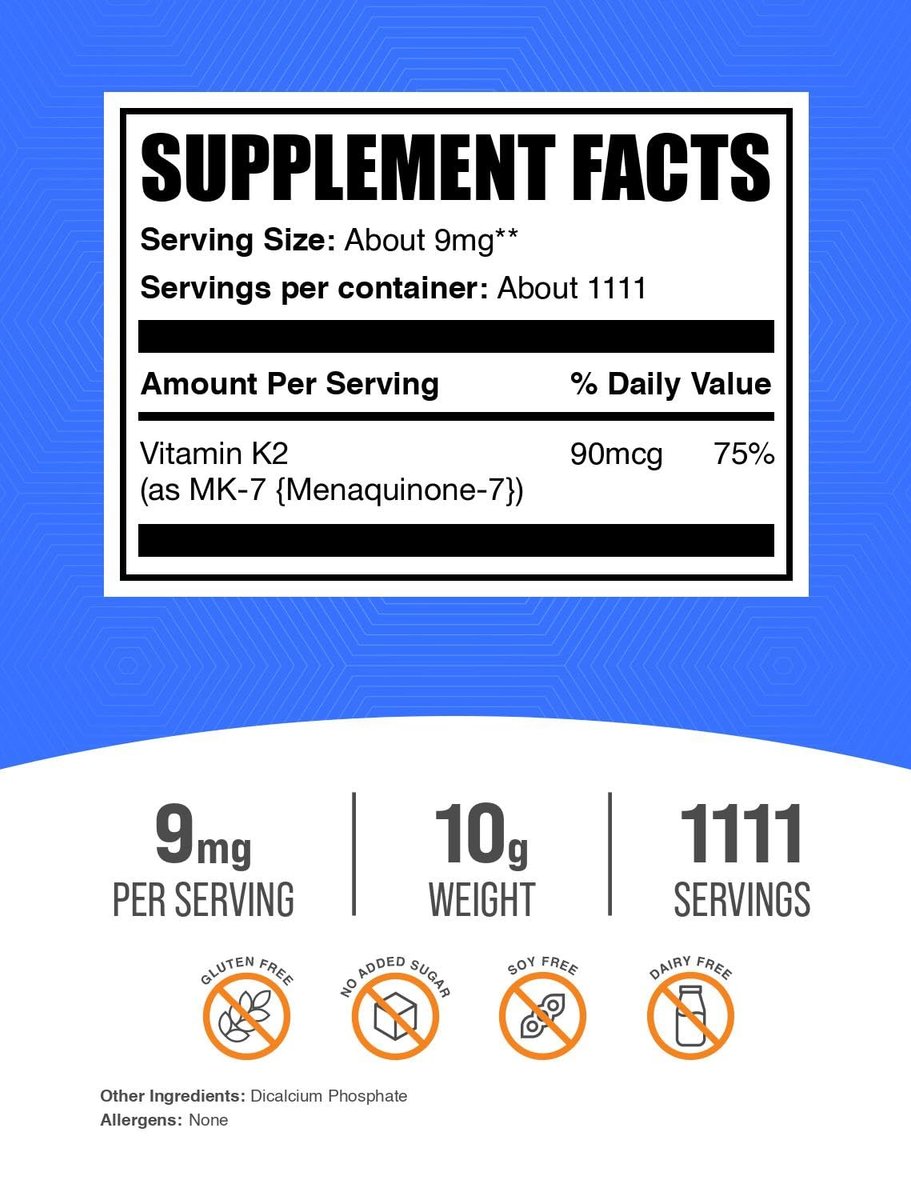 BulkSupplements.com Vitamin K2 Pulver - Vitamin K2 MK-7, als Menaquinon Pulver - K2 Vitamin Ergänzung für Wohlbefinden, Glutenfrei, 9 mg pro Portion, 10 g (0,35 Unzen) (1er Pack)