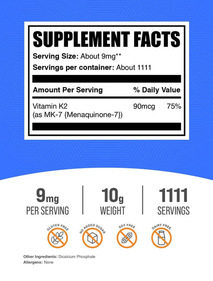 BulkSupplements.com Vitamin K2 Pulver - Vitamin K2 MK-7, als Menaquinon Pulver - K2 Vitamin Ergänzung für Wohlbefinden, Glutenfrei, 9 mg pro Portion, 10 g (0,35 Unzen) (1er Pack)