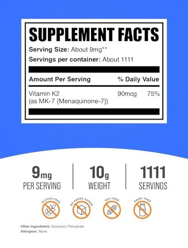 BulkSupplements.com Vitamin K2 Pulver - Vitamin K2 MK-7, als Menaquinon Pulver - K2 Vitamin Ergänzung für Wohlbefinden, Glutenfrei, 9 mg pro Portion, 10 g (0,35 Unzen) (1er Pack)