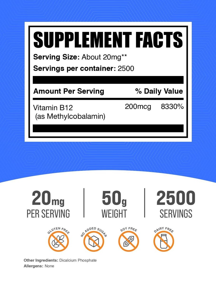 BulkSupplements.com Vitamin B12 Methylcobalamin Pulver – 1% B12 Methylcobalamin, Essentielles B-Vitamin – B12 Ergänzung, Glutenfrei, 20mg pro Portion, 50g (1,8 Unzen) (Packung mit 1)