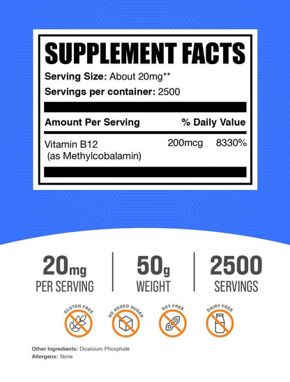 BulkSupplements.com Vitamin B12 Methylcobalamin Pulver – 1% B12 Methylcobalamin, Essentielles B-Vitamin – B12 Ergänzung, Glutenfrei, 20mg pro Portion, 50g (1,8 Unzen) (Packung mit 1)