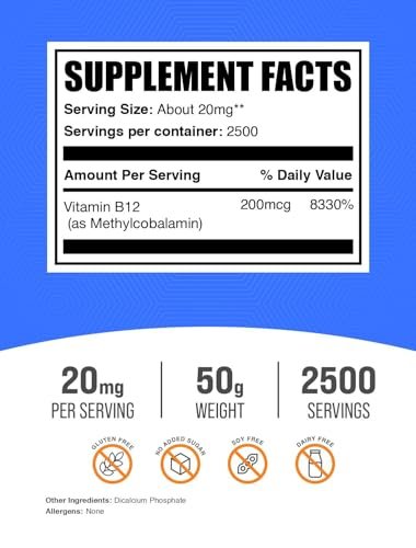 BulkSupplements.com Vitamin B12 Methylcobalamin Pulver – 1% B12 Methylcobalamin, Essentielles B-Vitamin – B12 Ergänzung, Glutenfrei, 20mg pro Portion, 50g (1,8 Unzen) (Packung mit 1)