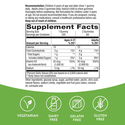 Nature's Way Vitamin D3 Gummis – 2000 IE (50 µg) pro Portion, 120 Gummis, Immun- und Knochenunterstützung, Mischfruchtgeschmack