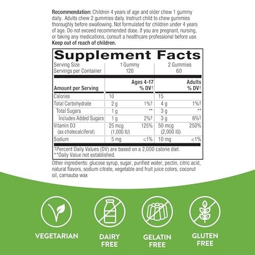 Nature's Way Vitamin D3 Gummis – 2000 IE (50 µg) pro Portion, 120 Gummis, Immun- und Knochenunterstützung, Mischfruchtgeschmack
