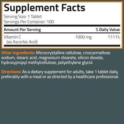 Bronson Vitamin C 1000 mg Extra Stärke – Hochdosiertes Vitamin C für ein gesundes Immunsystem, Non-GMO, 100 vegane Tabletten