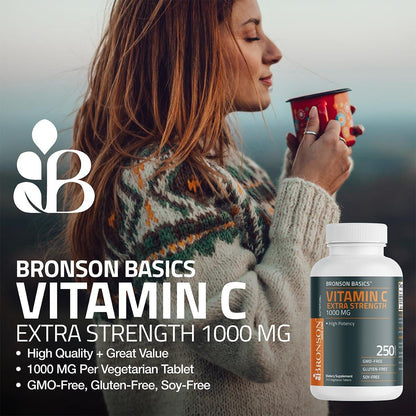 Bronson Vitamin C 1000 mg Extra Stärke – Hochdosiertes Vitamin C für ein gesundes Immunsystem, Non-GMO, 100 vegane Tabletten