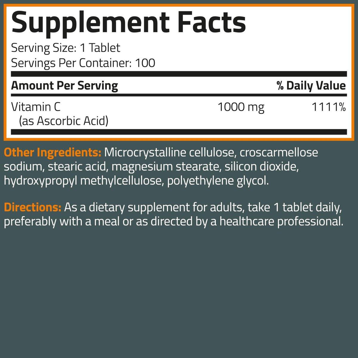 Bronson Vitamin C 1000 mg Extra Stärke – Hochdosiertes Vitamin C für ein gesundes Immunsystem, Non-GMO, 100 vegane Tabletten