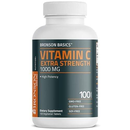 Bronson Vitamin C 1000 mg Extra Stärke – Hochdosiertes Vitamin C für ein gesundes Immunsystem, Non-GMO, 100 vegane Tabletten