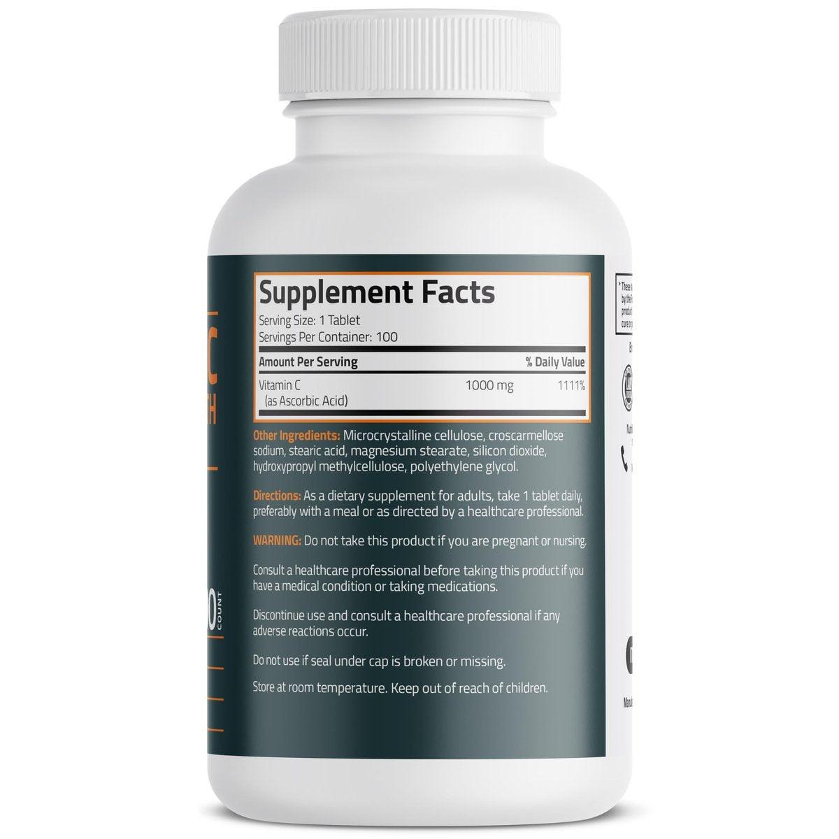Bronson Vitamin C 1000 mg Extra Stärke – Hochdosiertes Vitamin C für ein gesundes Immunsystem, Non-GMO, 100 vegane Tabletten
