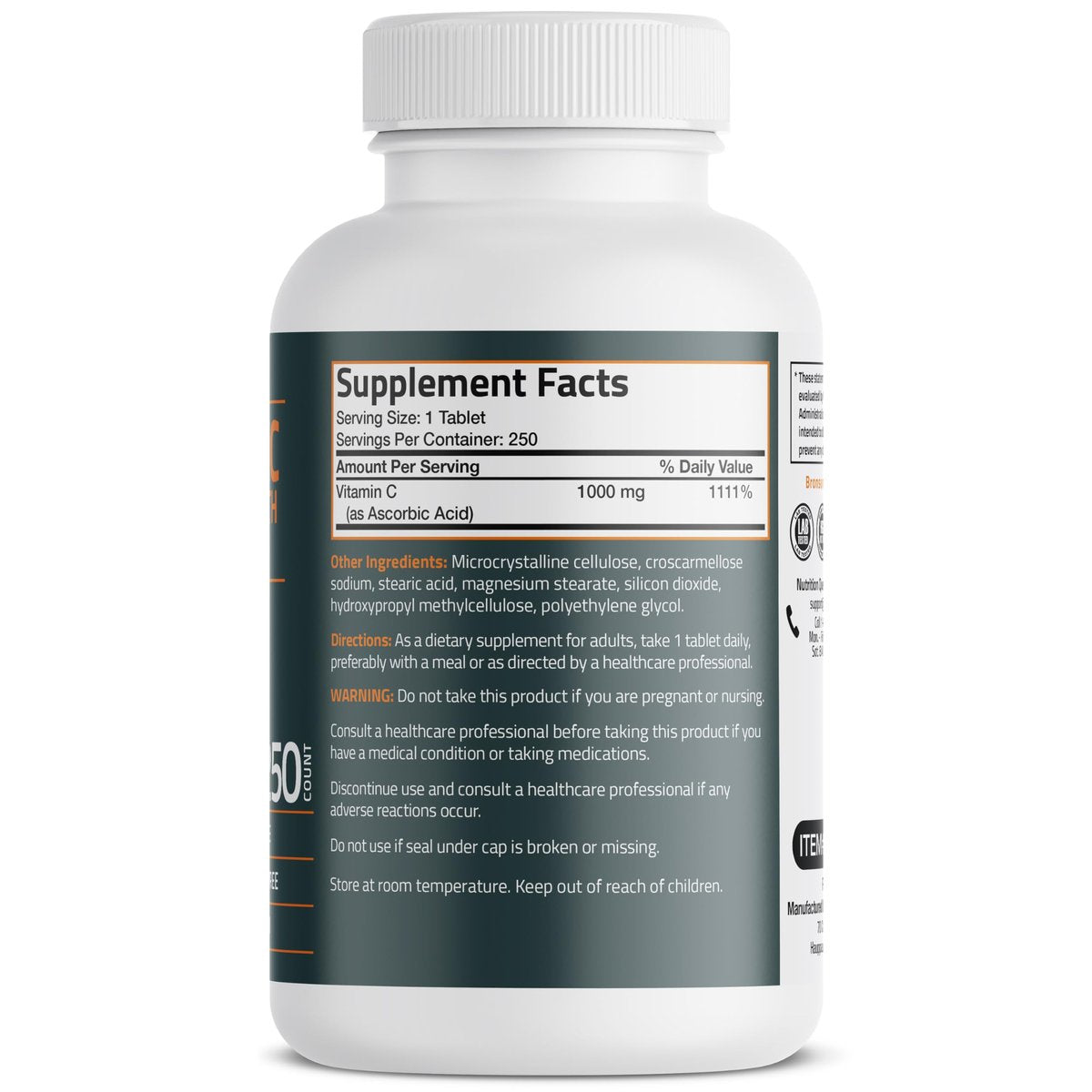 Bronson Vitamin C 1000 mg Extra Strength – Hochdosiertes Vitamin C für ein starkes Immunsystem, Nicht-GVO, 250 vegetarische Tabletten