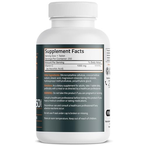 Bronson Vitamin C 1000 mg Extra Strength – Hochdosiertes Vitamin C für ein starkes Immunsystem, Nicht-GVO, 250 vegetarische Tabletten