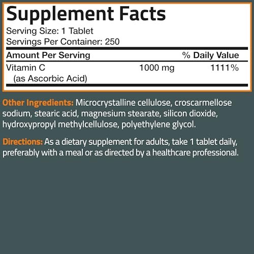 Bronson Vitamin C 1000 mg Extra Strength – Hochdosiertes Vitamin C für ein starkes Immunsystem, Nicht-GVO, 250 vegetarische Tabletten