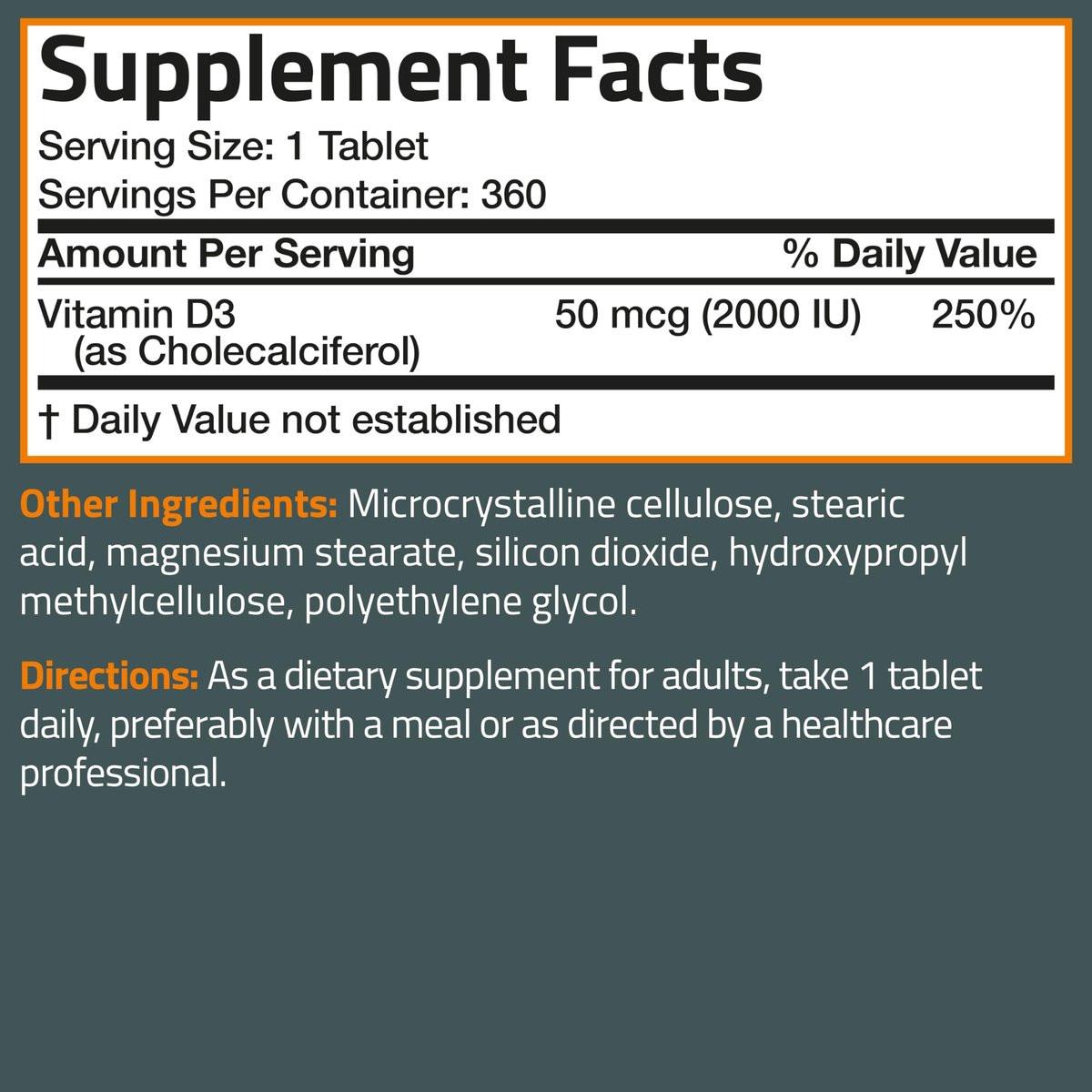 Bronson Vitamin D3 2000 IE (50 µg) – 360 Tabletten, Nicht-GVO, Hochdosiert