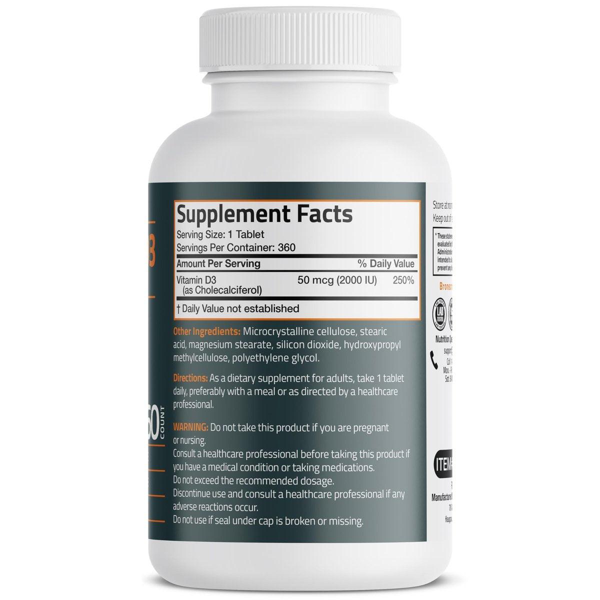 Bronson Vitamin D3 2000 IE (50 µg) – 360 Tabletten, Nicht-GVO, Hochdosiert
