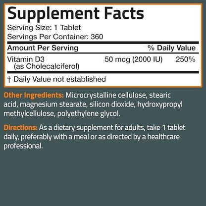 Bronson Vitamin D3 2000 IE (50 µg) – 360 Tabletten, Nicht-GVO, Hochdosiert