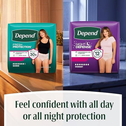 Depend Night Defense Windeln für Erwachsene, Inkontinenz & postpartale Blasenlecks Unterwäsche für Frauen, Einweg, über Nacht, XL, Blush, 12 Stück, Verpackung kann variieren