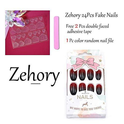 Zehope Glossy Press on Nails Schwarz Sargform Ombre French Nägel Acryl Fake Nägel für Frauen (24 Stück, Rot Schwarz)