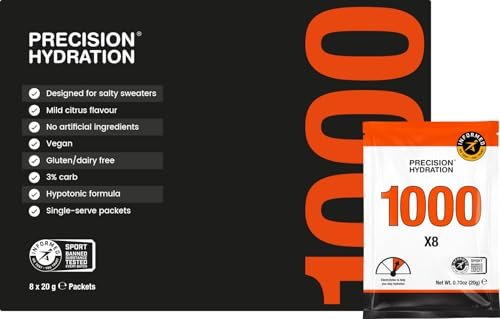 Precision Hydration Elektrolyt-Pulver – ohne künstliche Inhaltsstoffe, mehrstufige Hydratationsbeutel – einzelne wasserdichte Portionen – gluten-/laktosefrei, 1 Box (8 Beutel, 1000 mg/L – Orange)