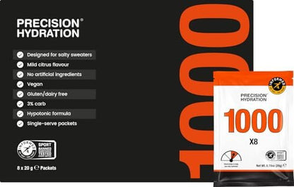 Precision Hydration Elektrolyt-Pulver – ohne künstliche Inhaltsstoffe, mehrstufige Hydratationsbeutel – einzelne wasserdichte Portionen – gluten-/laktosefrei, 1 Box (8 Beutel, 1000 mg/L – Orange)