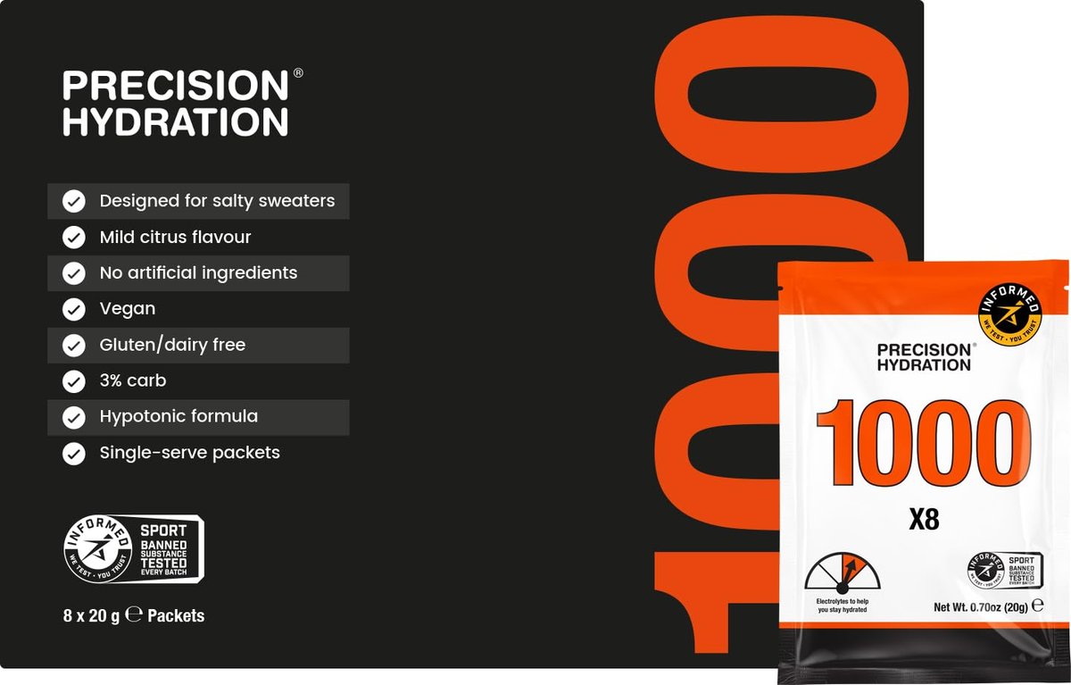 Precision Hydration Elektrolyt-Pulver – ohne künstliche Inhaltsstoffe, mehrstufige Hydratationsbeutel – einzelne wasserdichte Portionen – gluten-/laktosefrei, 1 Box (8 Beutel, 1000 mg/L – Orange)