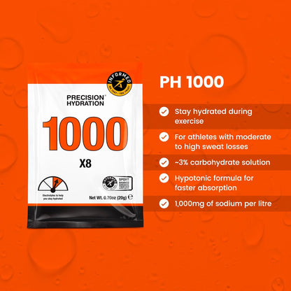 Precision Hydration Elektrolyt-Pulver – ohne künstliche Inhaltsstoffe, mehrstufige Hydratationsbeutel – einzelne wasserdichte Portionen – gluten-/laktosefrei, 1 Box (8 Beutel, 1000 mg/L – Orange)
