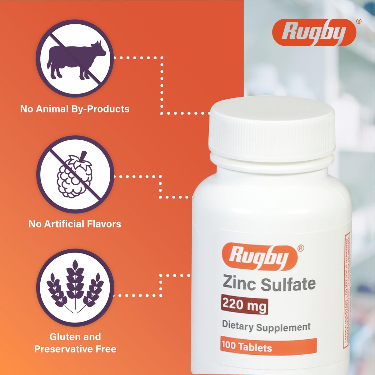Rugby Zinksulfat 220 mg Tabletten – Mit Zinksulfat-Heptahydrat – Nahrungsergänzungsmittel – 100 Stück (1 Packung)