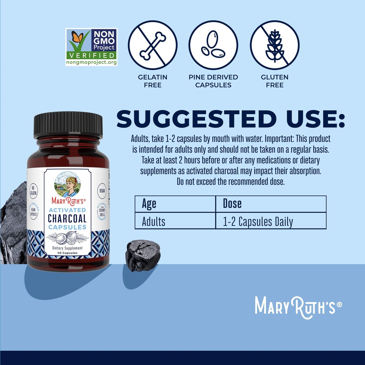 MARYRUTH'S Organics Aktivkohle Kapseln | Substanzadsorption | aus Kokosnussschalen | Vegane Kapseln aus Kiefernholz | Nicht-GVO | Glutenfrei | 40 Stück