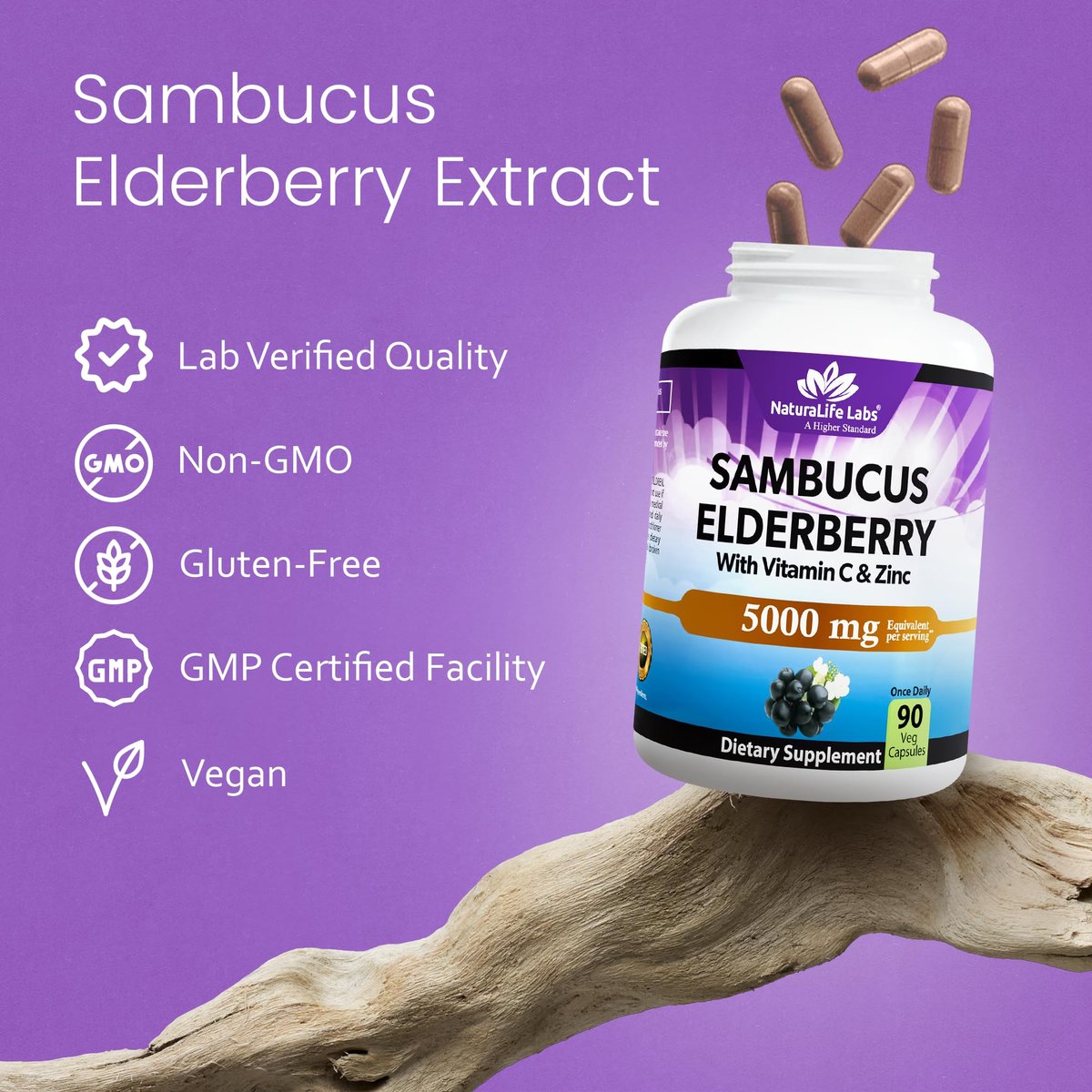 NaturaLife Labs Sambucus Holunderbeeren Kapseln – mit Vitamin C & Zink – Immununterstützung – 90 vegane Kapseln – Nicht-GVO & glutenfrei