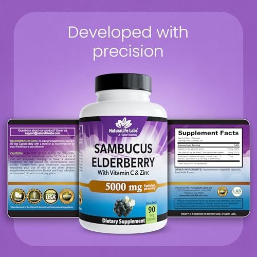 NaturaLife Labs Sambucus Holunderbeeren Kapseln – mit Vitamin C & Zink – Immununterstützung – 90 vegane Kapseln – Nicht-GVO & glutenfrei