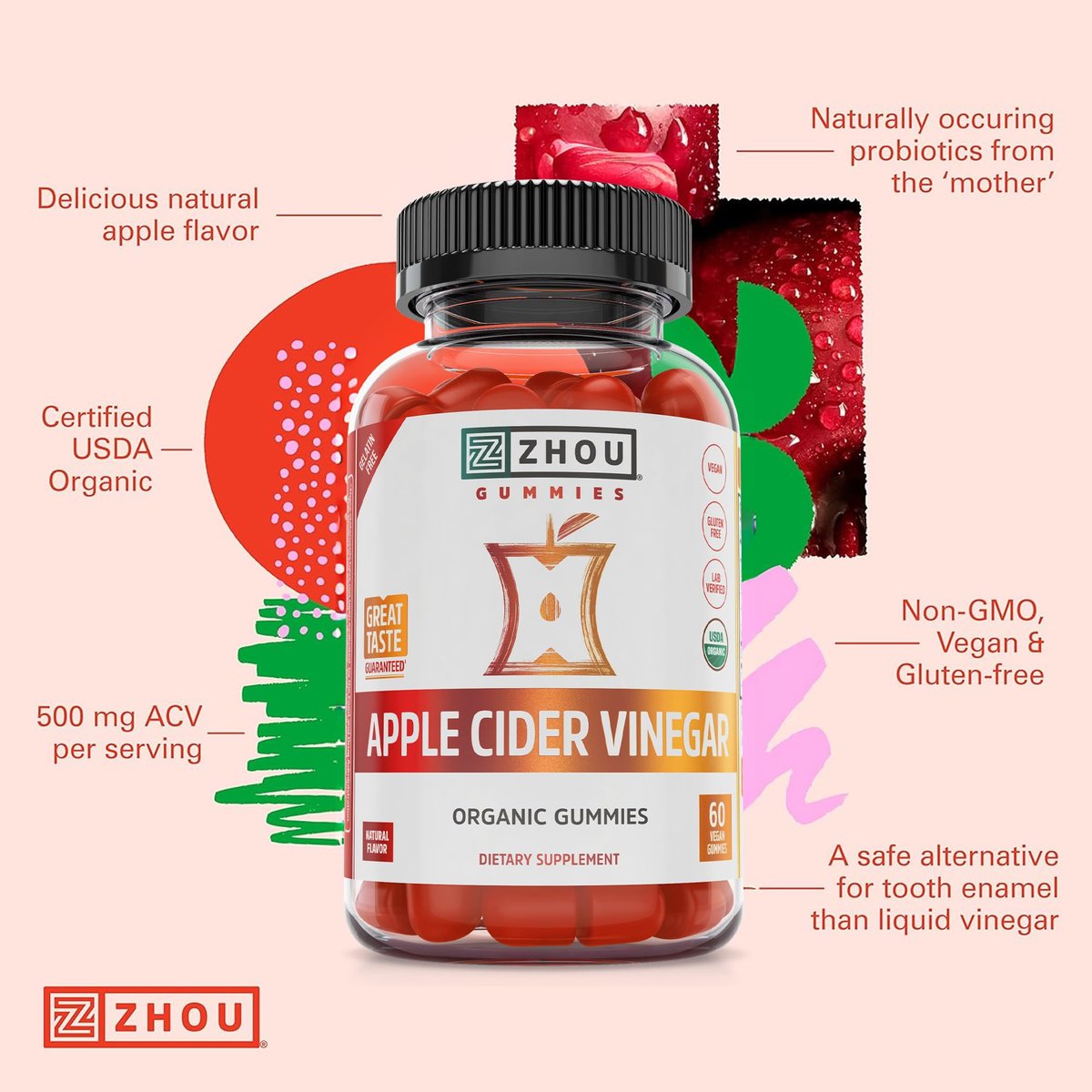 Zhou Apfelessig Gummibärchen - ACV Gummies für Frauen und Männer mit Holunderbeere, köstlicher Geschmack mit Rohrzucker, USDA Organic - 60 vegane Gummibärchen