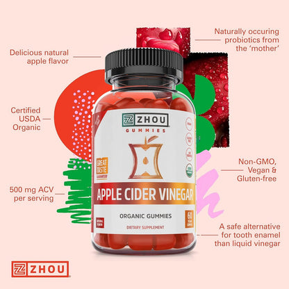 Zhou Apfelessig Gummibärchen - ACV Gummies für Frauen und Männer mit Holunderbeere, köstlicher Geschmack mit Rohrzucker, USDA Organic - 60 vegane Gummibärchen