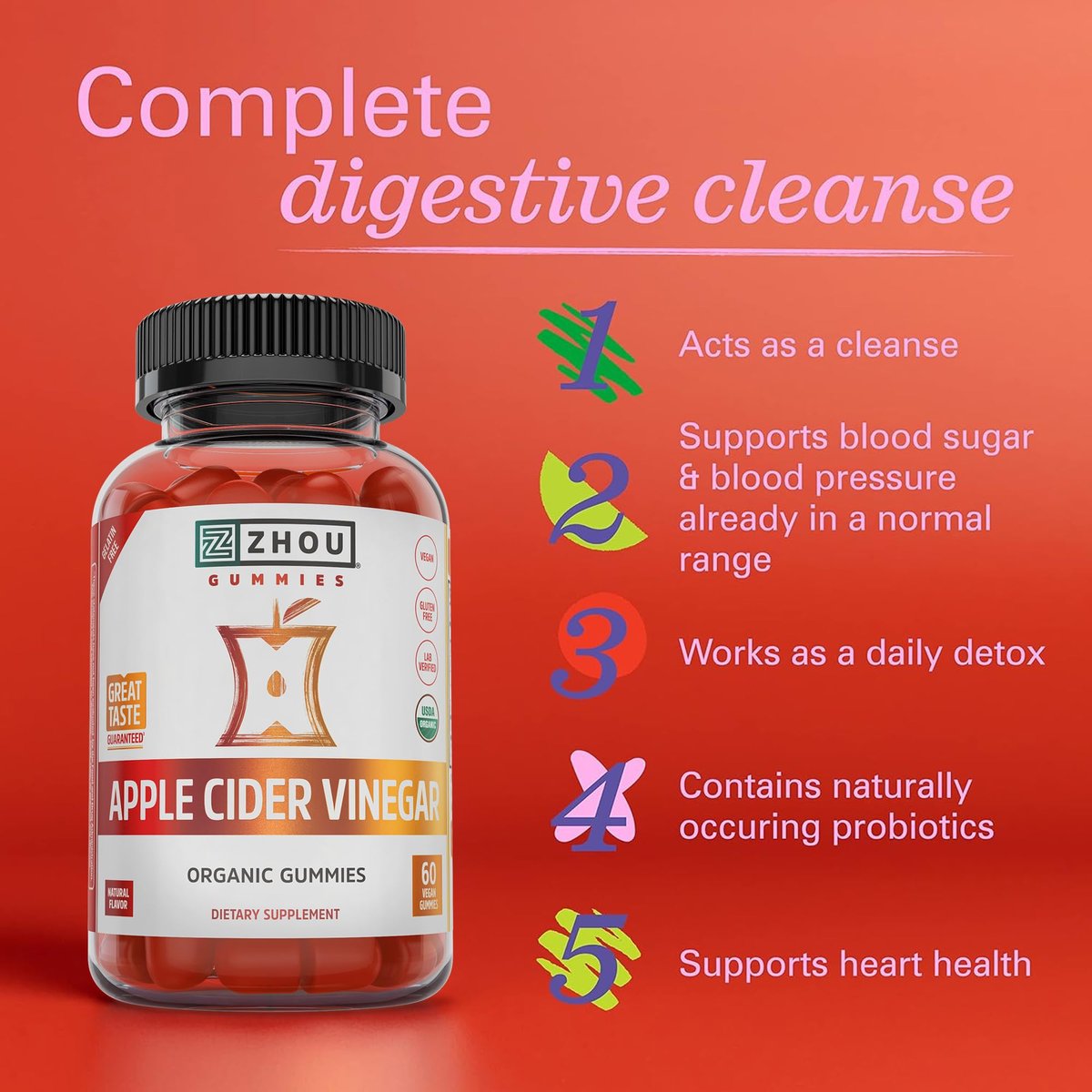 Zhou Apfelessig Gummibärchen - ACV Gummies für Frauen und Männer mit Holunderbeere, köstlicher Geschmack mit Rohrzucker, USDA Organic - 60 vegane Gummibärchen