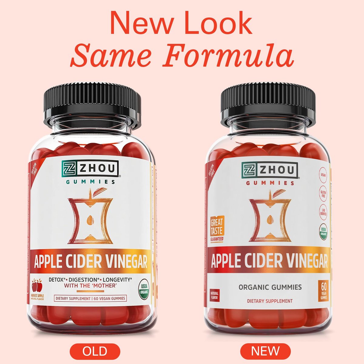 Zhou Apfelessig Gummibärchen - ACV Gummies für Frauen und Männer mit Holunderbeere, köstlicher Geschmack mit Rohrzucker, USDA Organic - 60 vegane Gummibärchen