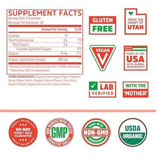 Zhou Apfelessig Gummibärchen - ACV Gummies für Frauen und Männer mit Holunderbeere, köstlicher Geschmack mit Rohrzucker, USDA Organic - 60 vegane Gummibärchen