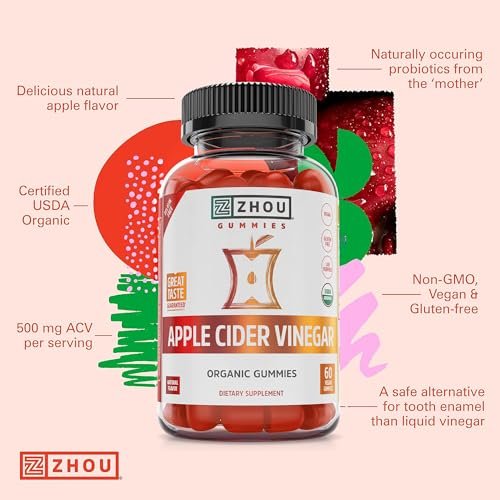 Zhou Apfelessig Gummibärchen - ACV Gummies für Frauen und Männer mit Holunderbeere, köstlicher Geschmack mit Rohrzucker, USDA Organic - 60 vegane Gummibärchen