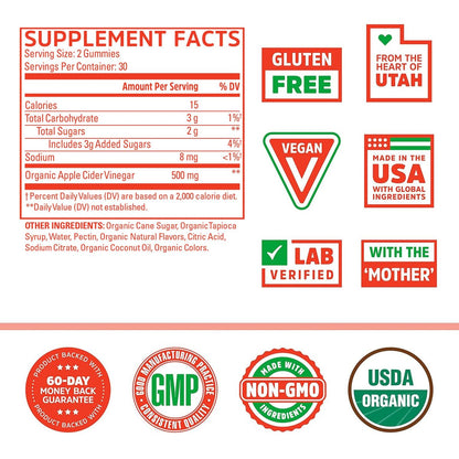 Zhou Apfelessig Gummibärchen - ACV Gummies für Frauen und Männer mit Holunderbeere, köstlicher Geschmack mit Rohrzucker, USDA Organic - 60 vegane Gummibärchen