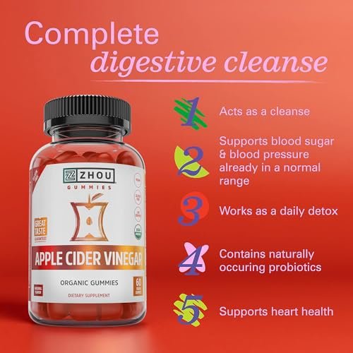 Zhou Apfelessig Gummibärchen - ACV Gummies für Frauen und Männer mit Holunderbeere, köstlicher Geschmack mit Rohrzucker, USDA Organic - 60 vegane Gummibärchen
