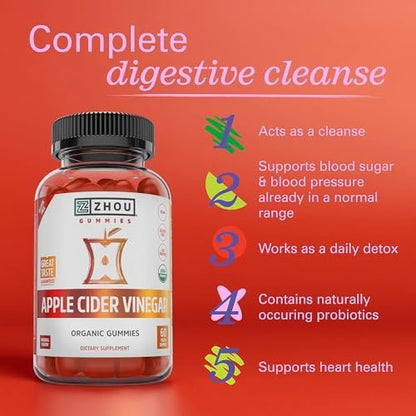 Zhou Apfelessig Gummibärchen - ACV Gummies für Frauen und Männer mit Holunderbeere, köstlicher Geschmack mit Rohrzucker, USDA Organic - 60 vegane Gummibärchen