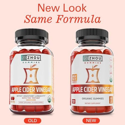 Zhou Apfelessig Gummibärchen - ACV Gummies für Frauen und Männer mit Holunderbeere, köstlicher Geschmack mit Rohrzucker, USDA Organic - 60 vegane Gummibärchen